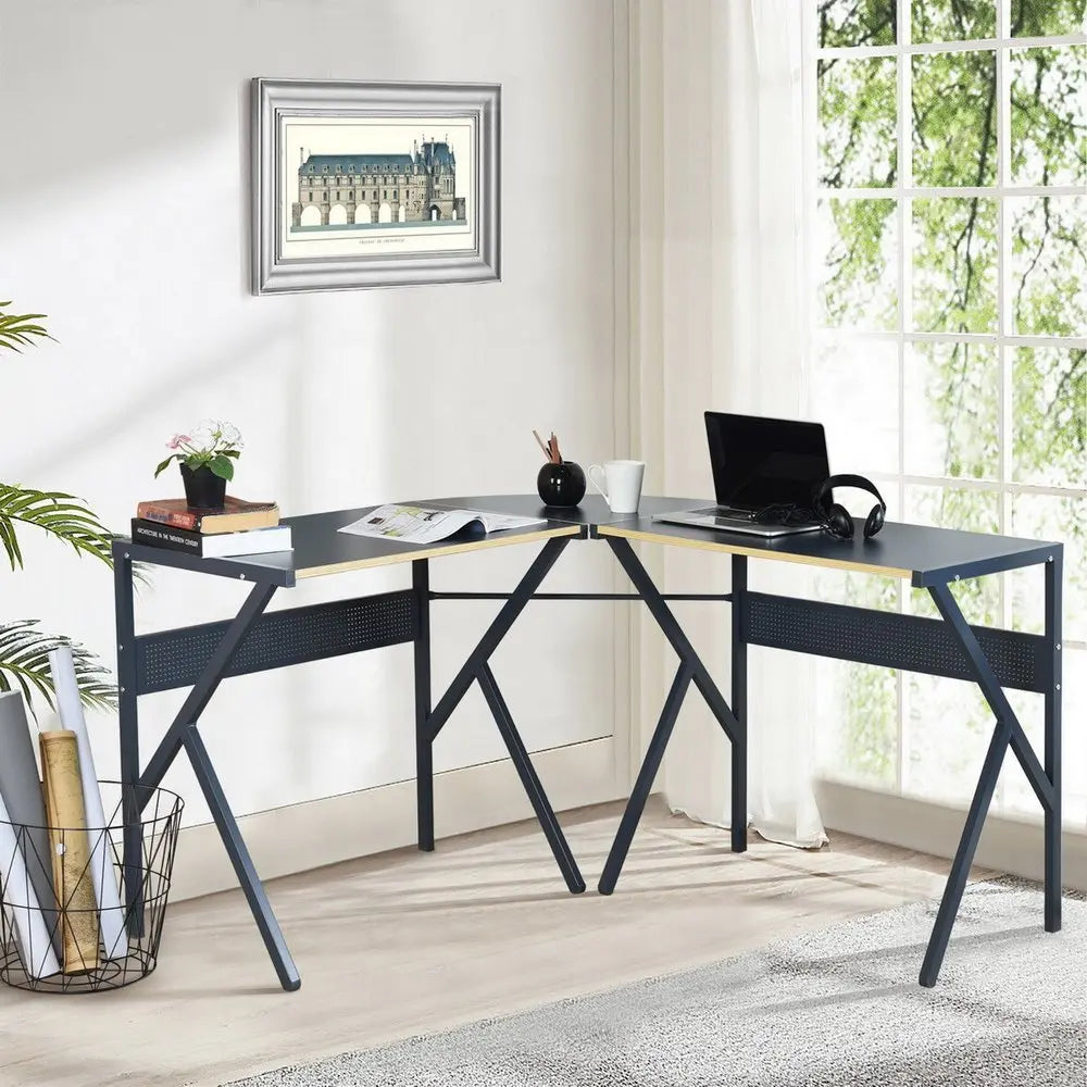 49" Black Wood and Metal Corner H - Shape Computer Desk - NOBLE HOME INTERIORS