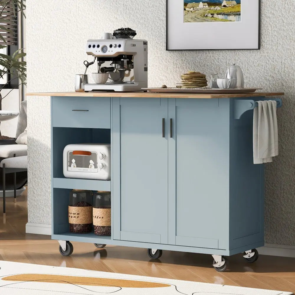 49" Light Blue Wood Barn Door Rolling Kitchen Island With Storage - NOVA HOME FURNITURE