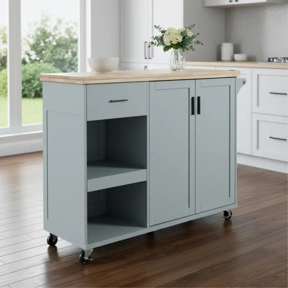49" Light Blue Wood Barn Door Rolling Kitchen Island With Storage - NOVA HOME FURNITURE