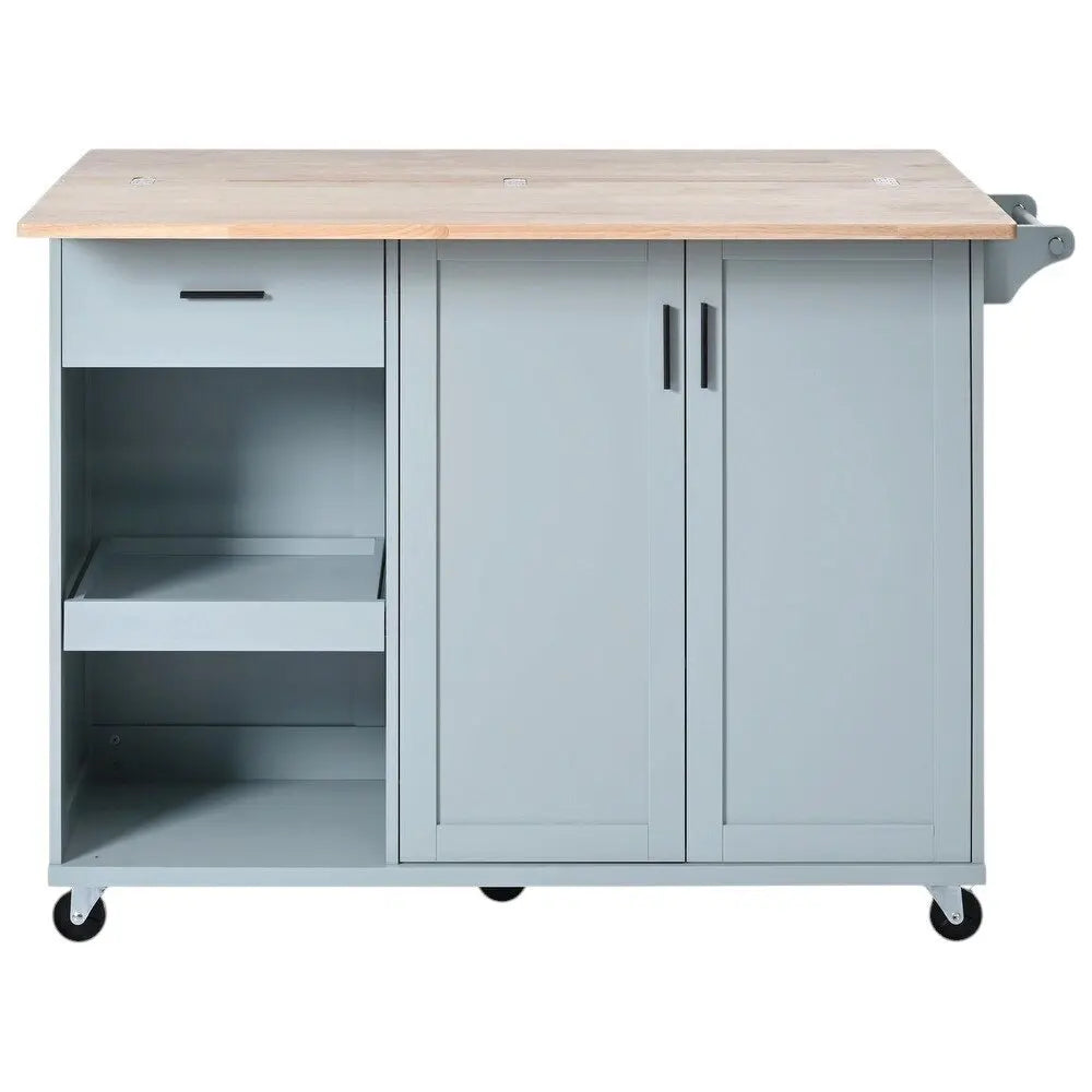 49" Light Blue Wood Barn Door Rolling Kitchen Island With Storage - NOVA HOME FURNITURE