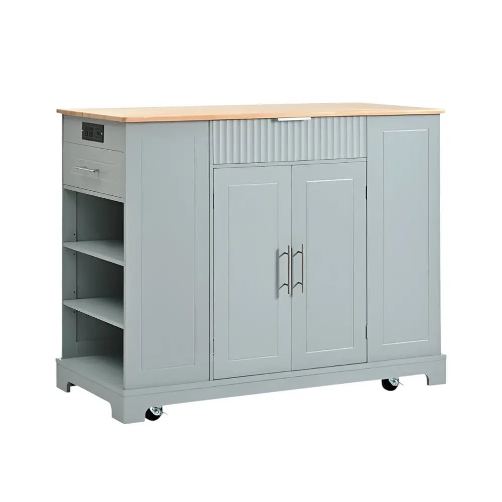 49" Light Blue Wood Barn Door Rolling Kitchen Island With Storage With USB - NOVA HOME FURNITURE
