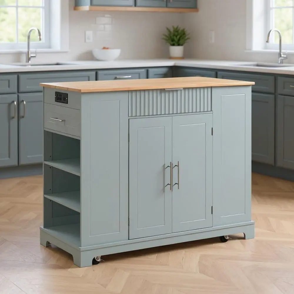 49" Light Blue Wood Barn Door Rolling Kitchen Island With Storage With USB - NOVA HOME FURNITURE