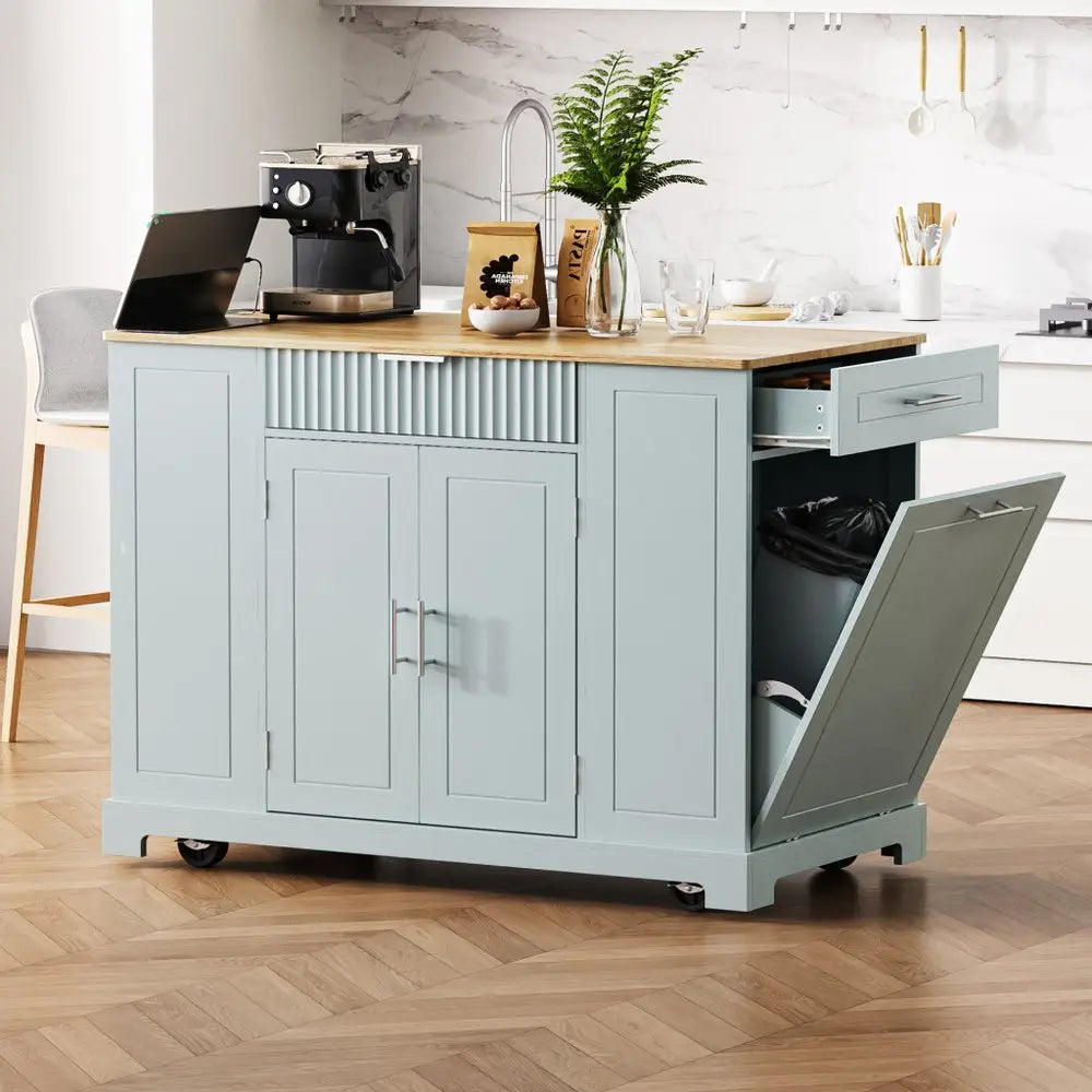 49" Light Blue Wood Barn Door Rolling Kitchen Island With Storage With USB - NOVA HOME FURNITURE