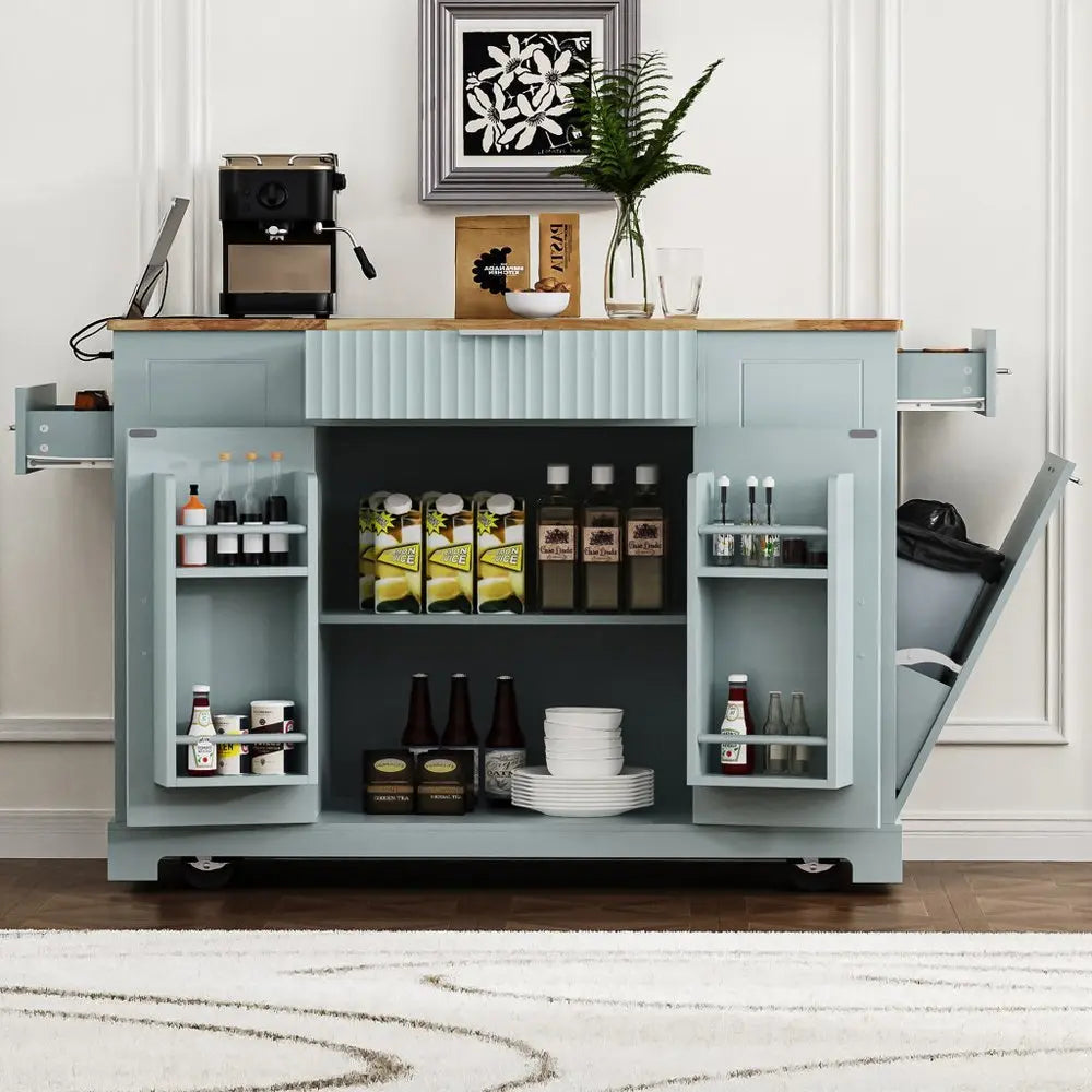 49" Light Blue Wood Barn Door Rolling Kitchen Island With Storage With USB - NOVA HOME FURNITURE