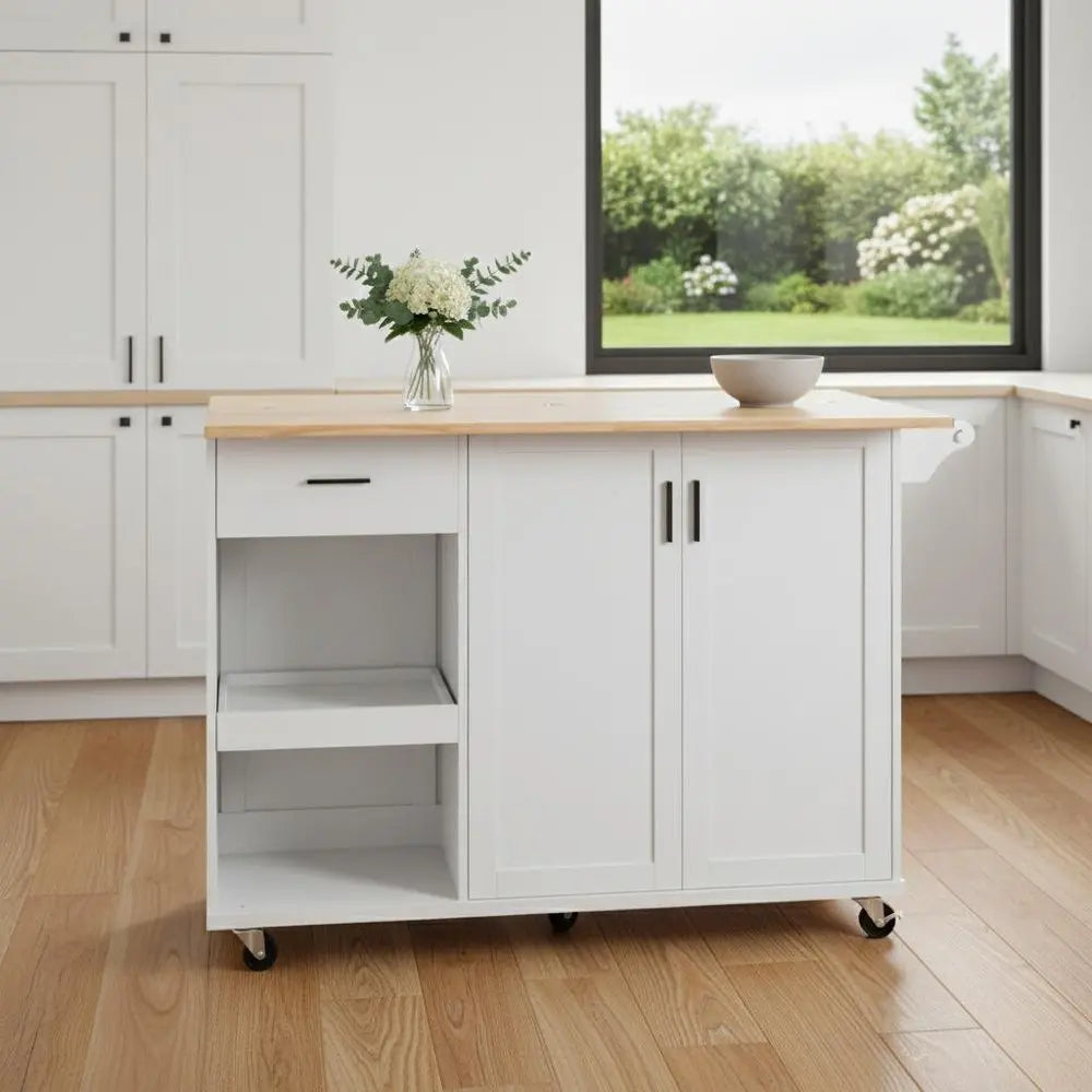 49" White Wood Barn Door Rolling Kitchen Island With Storage - NOVA HOME FURNITURE