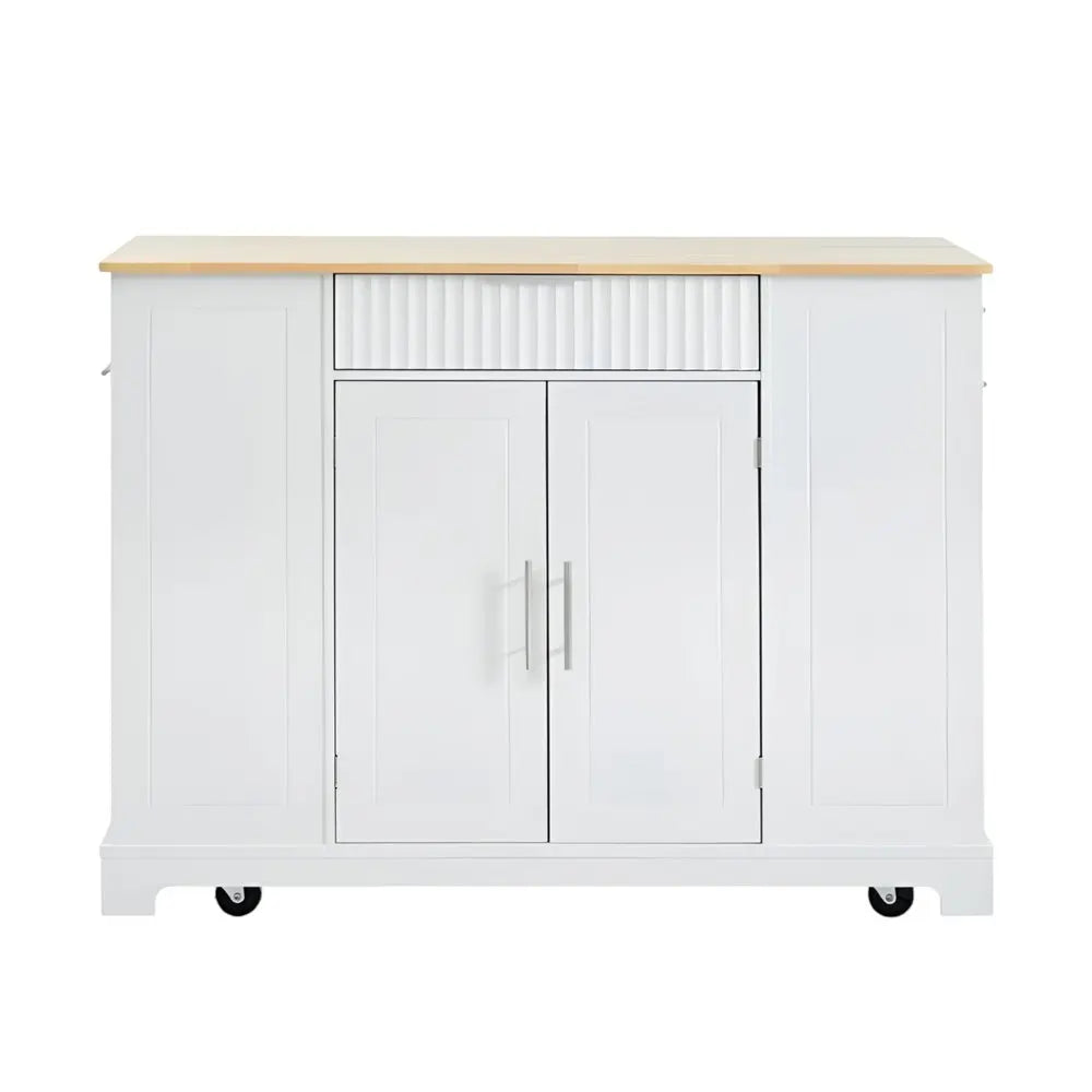 49" White Wood Barn Door Rolling Kitchen Island With Storage With USB - NOVA HOME FURNITURE