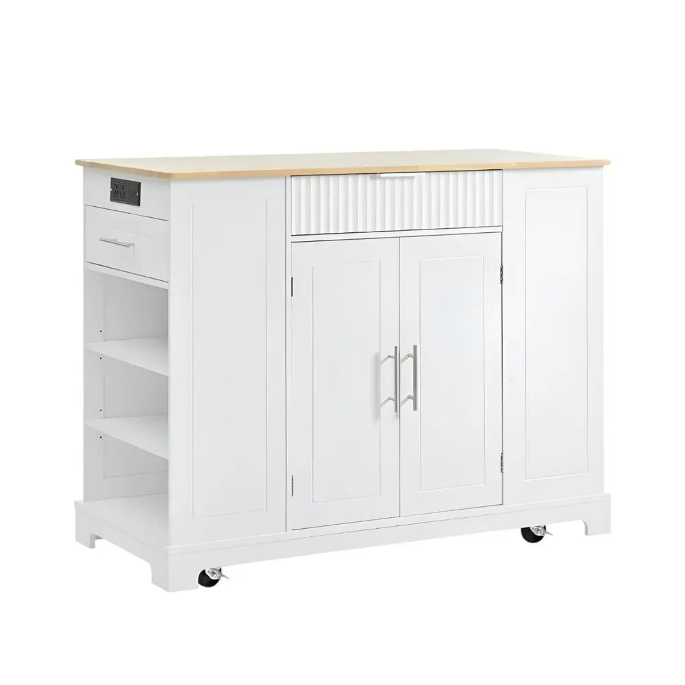 49" White Wood Barn Door Rolling Kitchen Island With Storage With USB - NOVA HOME FURNITURE