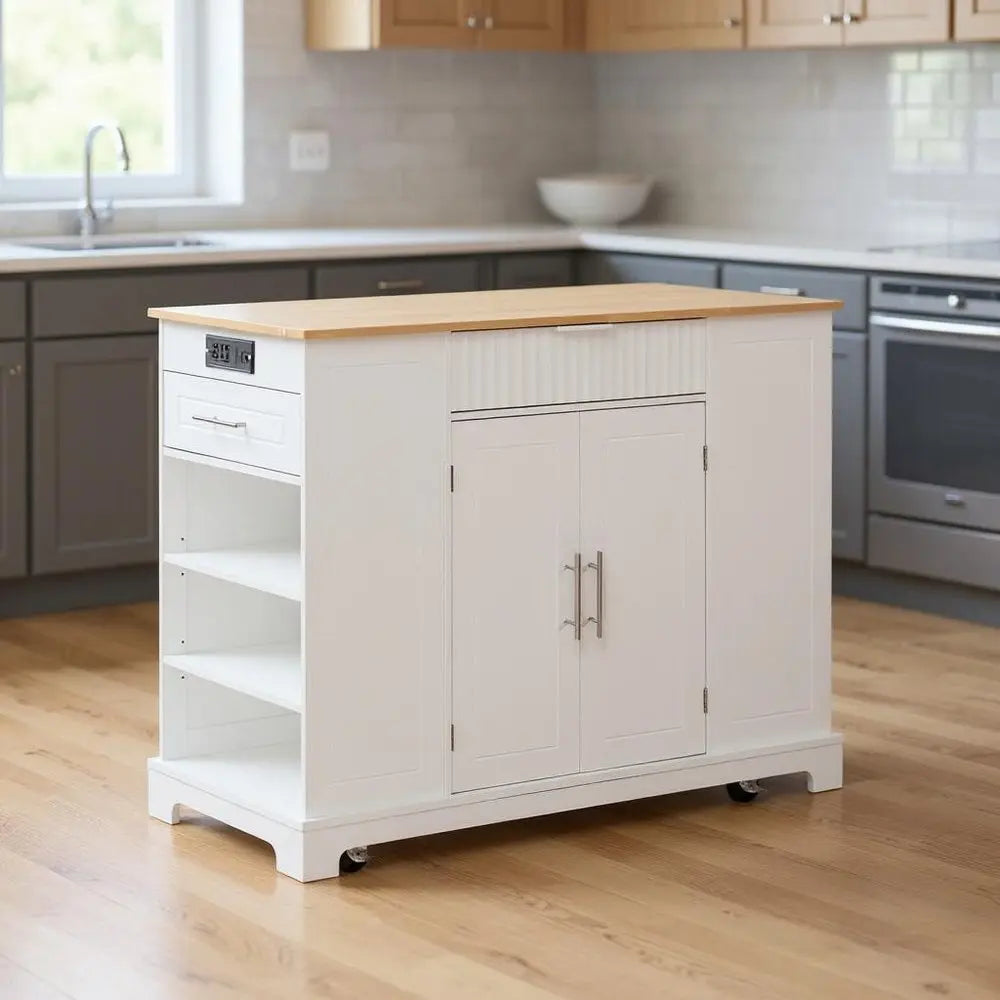 49" White Wood Barn Door Rolling Kitchen Island With Storage With USB - NOVA HOME FURNITURE