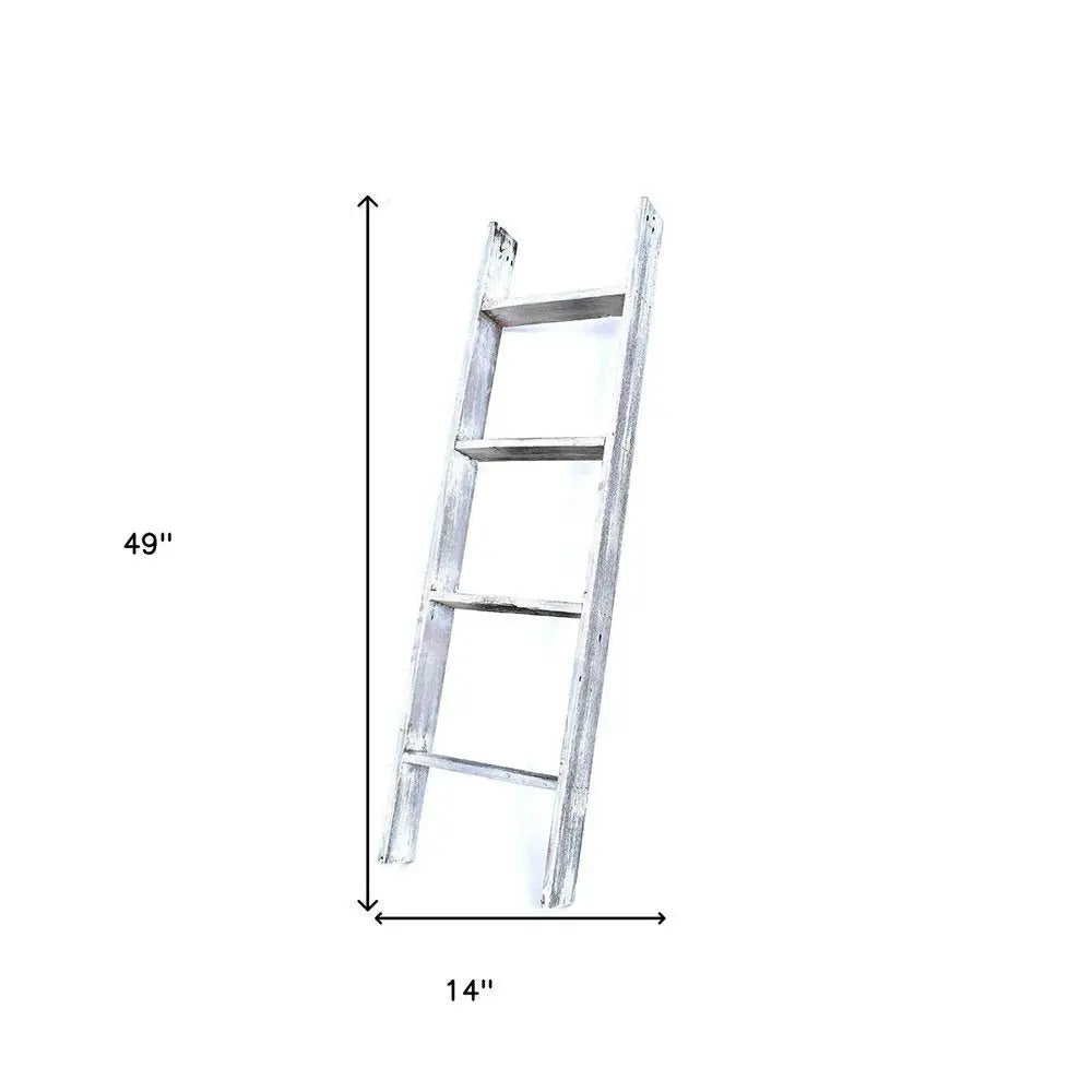 49" Whitewash Rustic Four Step Wood Ladder Shelf - NOBLE HOME INTERIORS