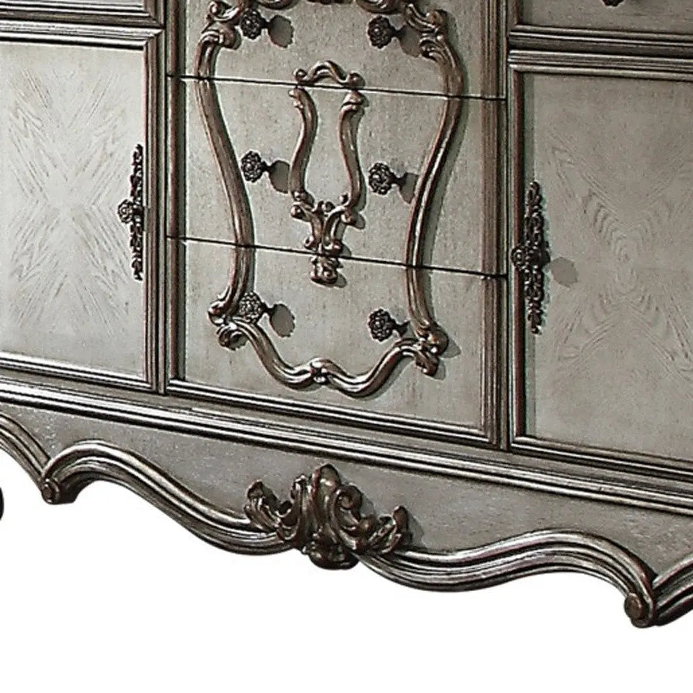 70" Platinum Carved Scrollwork Wood And Polyresin Five Drawer Triple Dresser HomeRoots