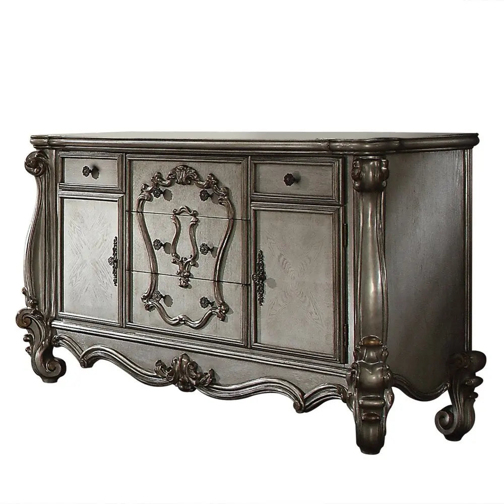 70" Platinum Carved Scrollwork Wood And Polyresin Five Drawer Triple Dresser HomeRoots