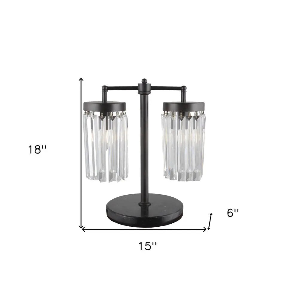 18" Black Iron Two Light Cylinder Bedside Table Lamp With Clear Cylinder Shade HomeRoots