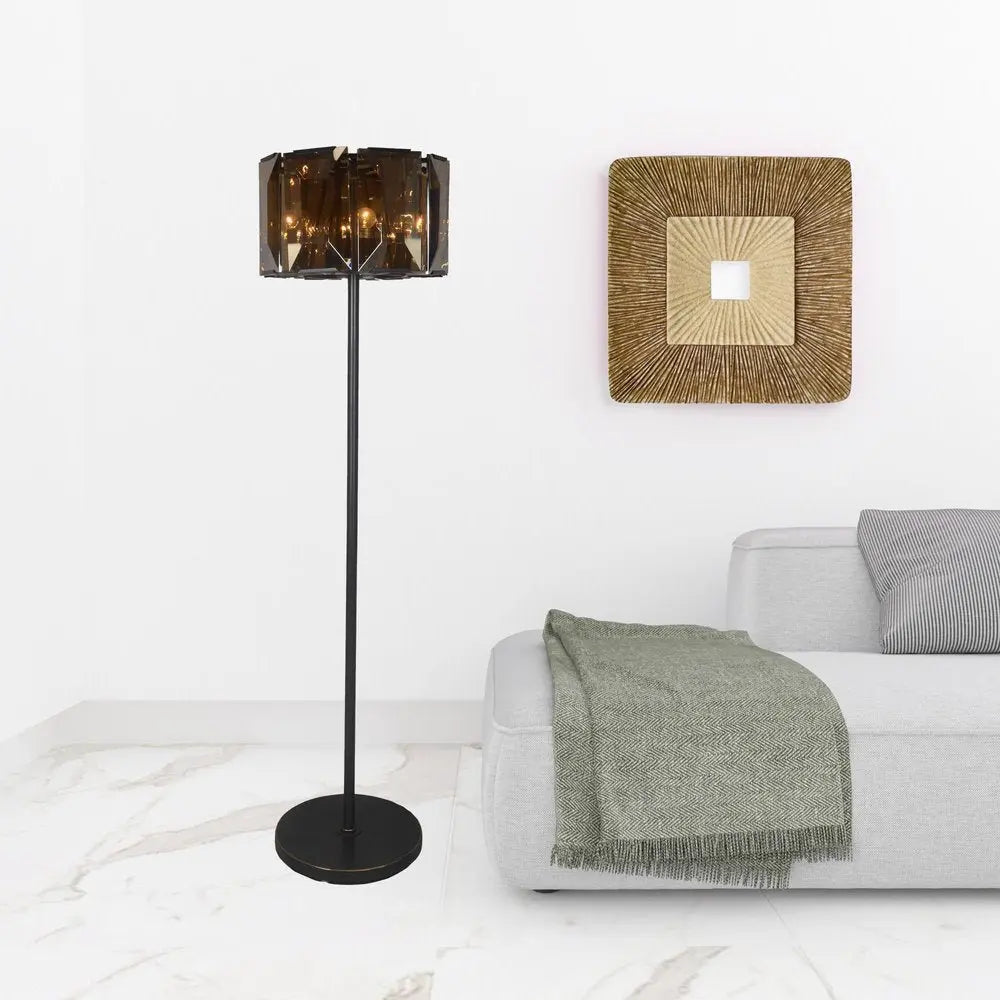 68" Dark Bronze Floor Lamp With Amber Solid Color Beveled Glass Drum Shade HomeRoots