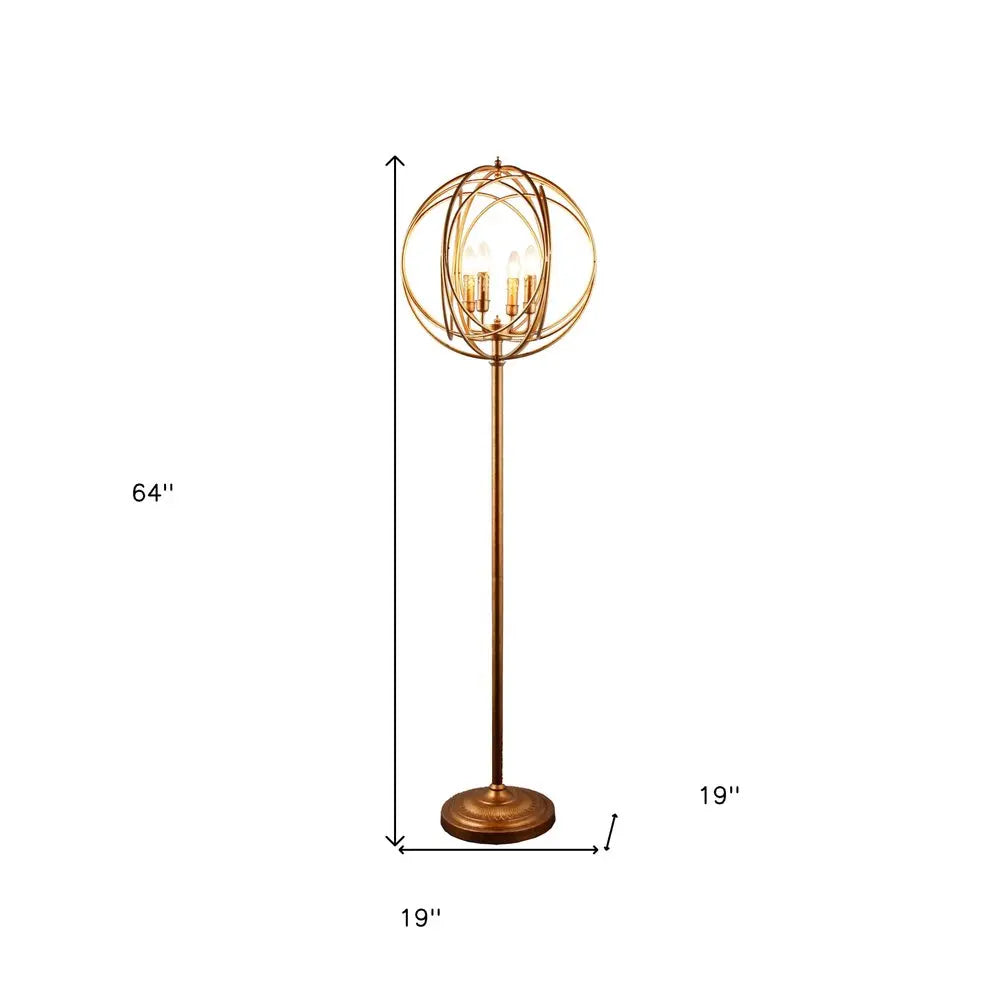 64" Gold Four Light  Floor Lamp With Modern Gold Geometric Globe Shade HomeRoots