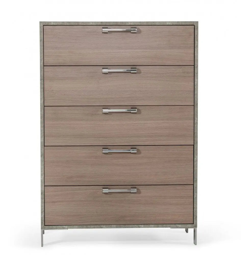 35" Brown Oak And Grey Solid And Manufactured Wood Five Drawer Chest HomeRoots