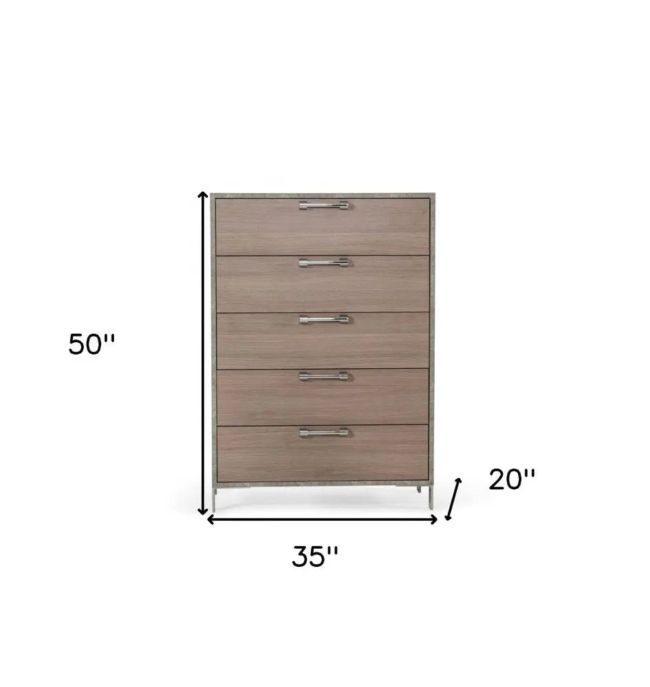 35" Brown Oak And Grey Solid And Manufactured Wood Five Drawer Chest HomeRoots