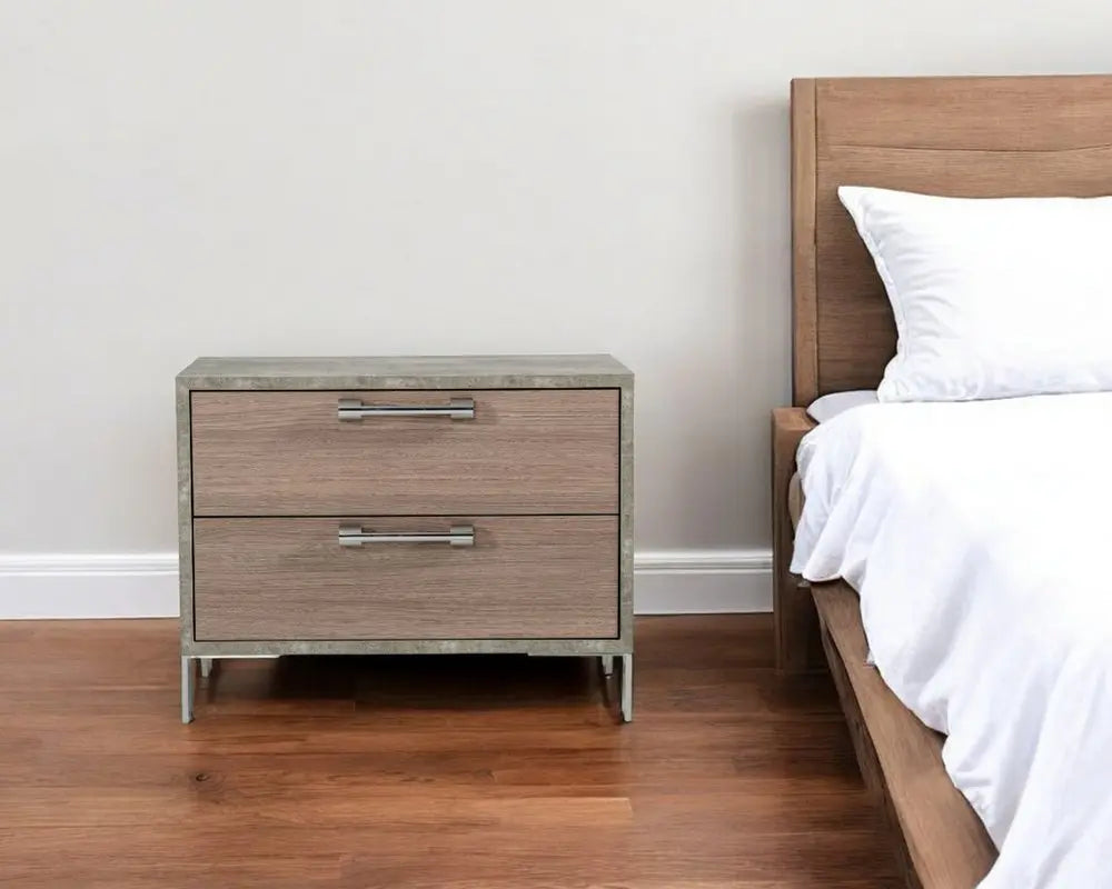 20" Brown And Gray Solid and Manufactured Wood Two Drawer Nightstand HomeRoots