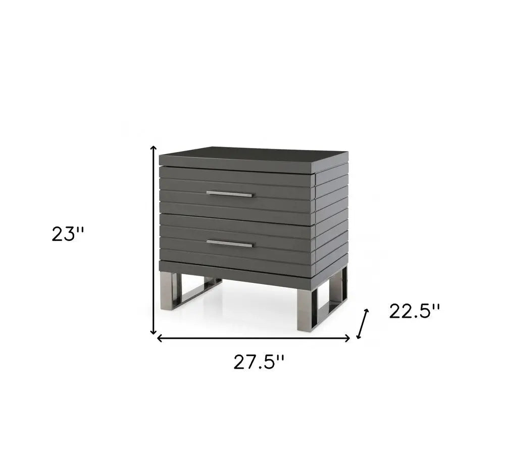 23" Silver And Gray Stainless Steel Solid and Manufactured Wood Two Drawer Nightstand HomeRoots