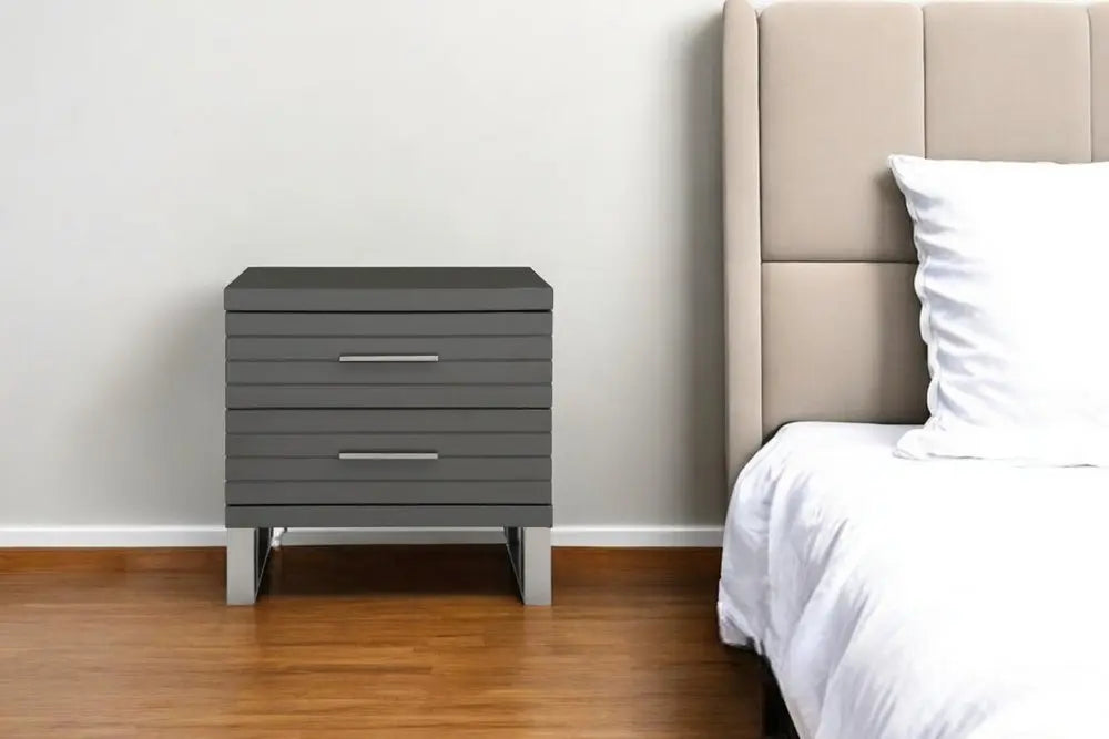 23" Silver And Gray Stainless Steel Solid and Manufactured Wood Two Drawer Nightstand HomeRoots
