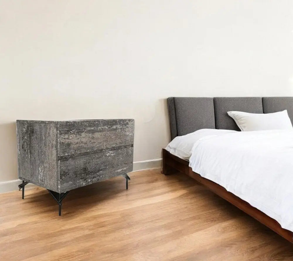 21" Gray Iron and Wood Two Drawer Nightstand HomeRoots