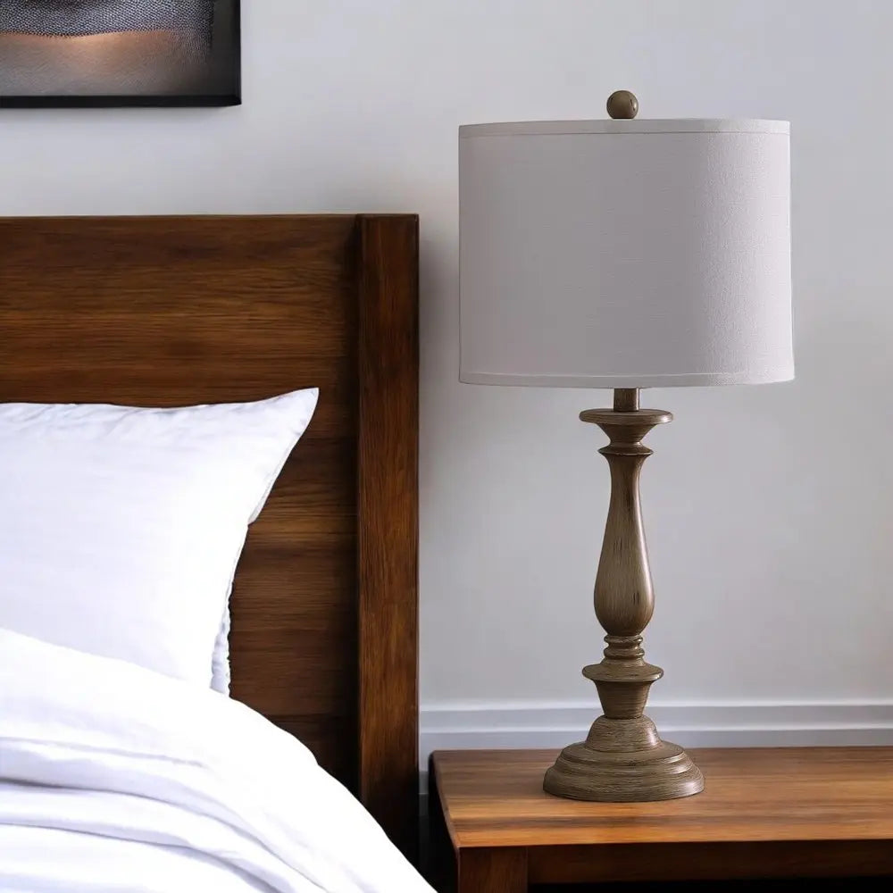 28" Rustic Taupe Cream Candlestick Table Lamp With White Shade HomeRoots