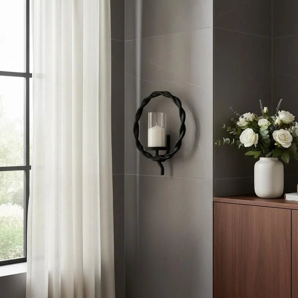 5" Black Distressed Geometric Metal And Glass Wall Sconce Candle Holder HomeRoots