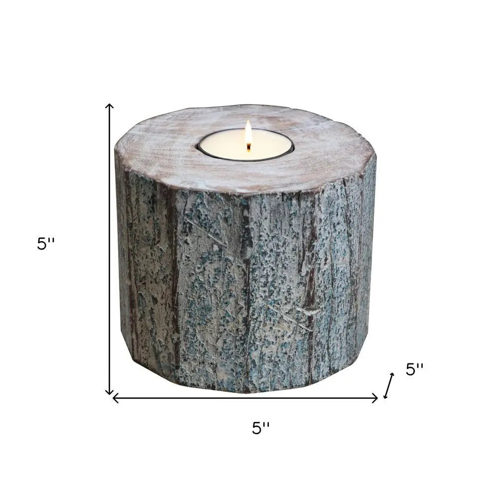 5" Brown And White Solid Wood Tabletop Tealight Candle Holder - NOBLE HOME INTERIORS