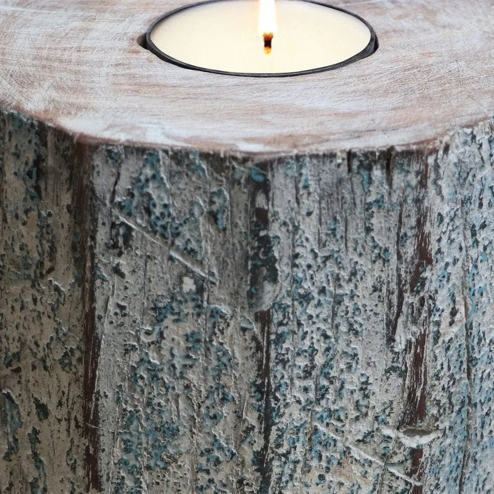 5" Brown And White Solid Wood Tabletop Tealight Candle Holder - NOBLE HOME INTERIORS