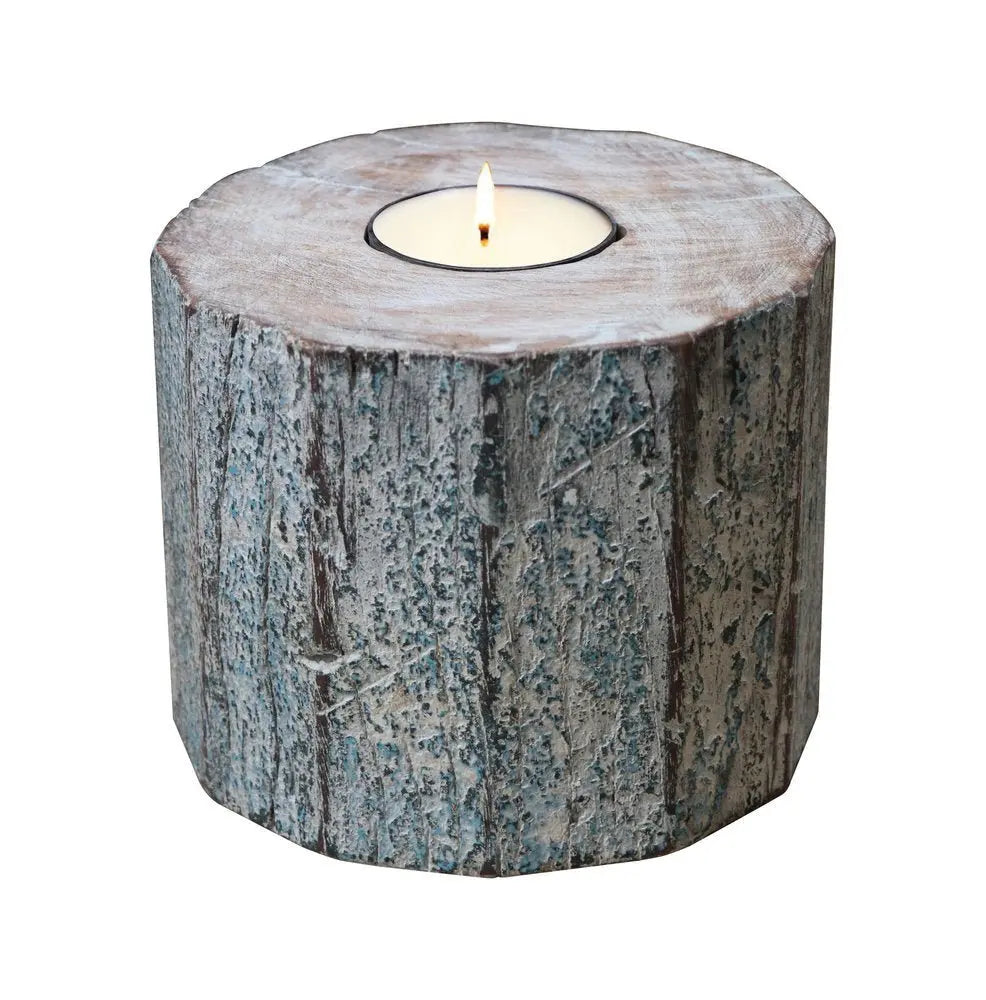 5" Brown And White Solid Wood Tabletop Tealight Candle Holder - NOBLE HOME INTERIORS