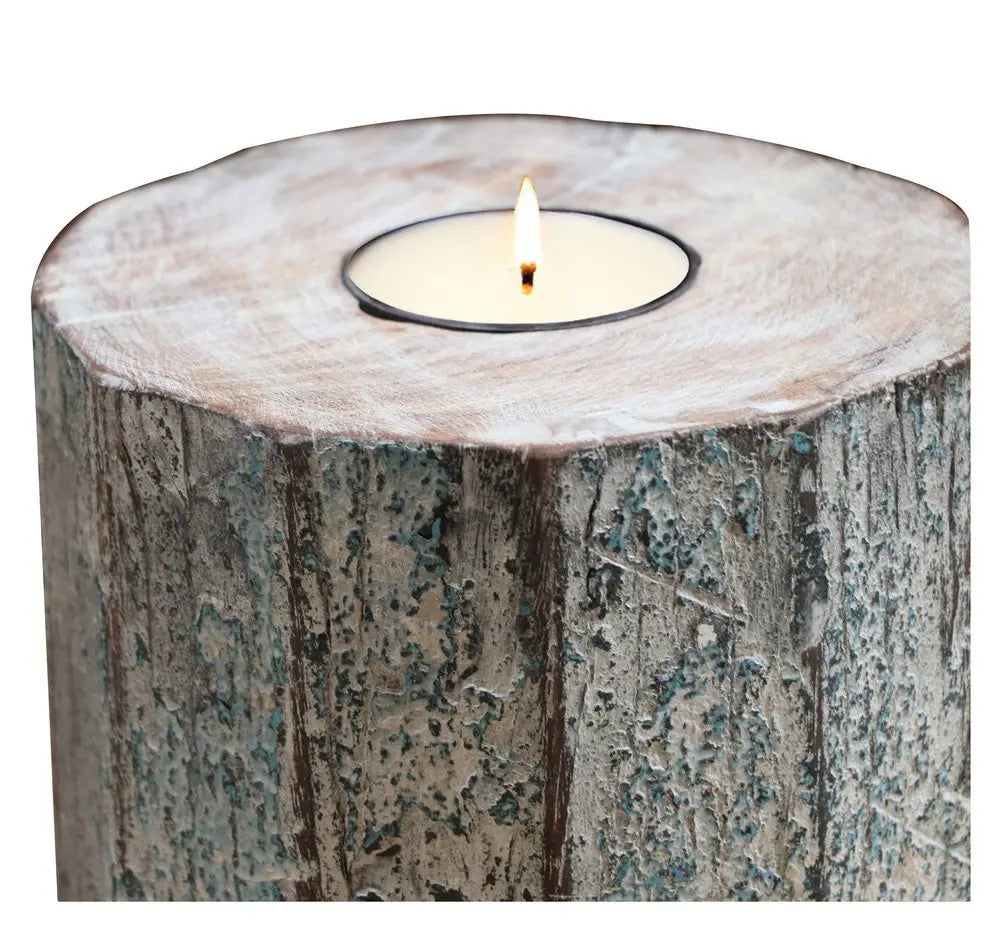 5" Brown And White Solid Wood Tabletop Tealight Candle Holder - NOBLE HOME INTERIORS