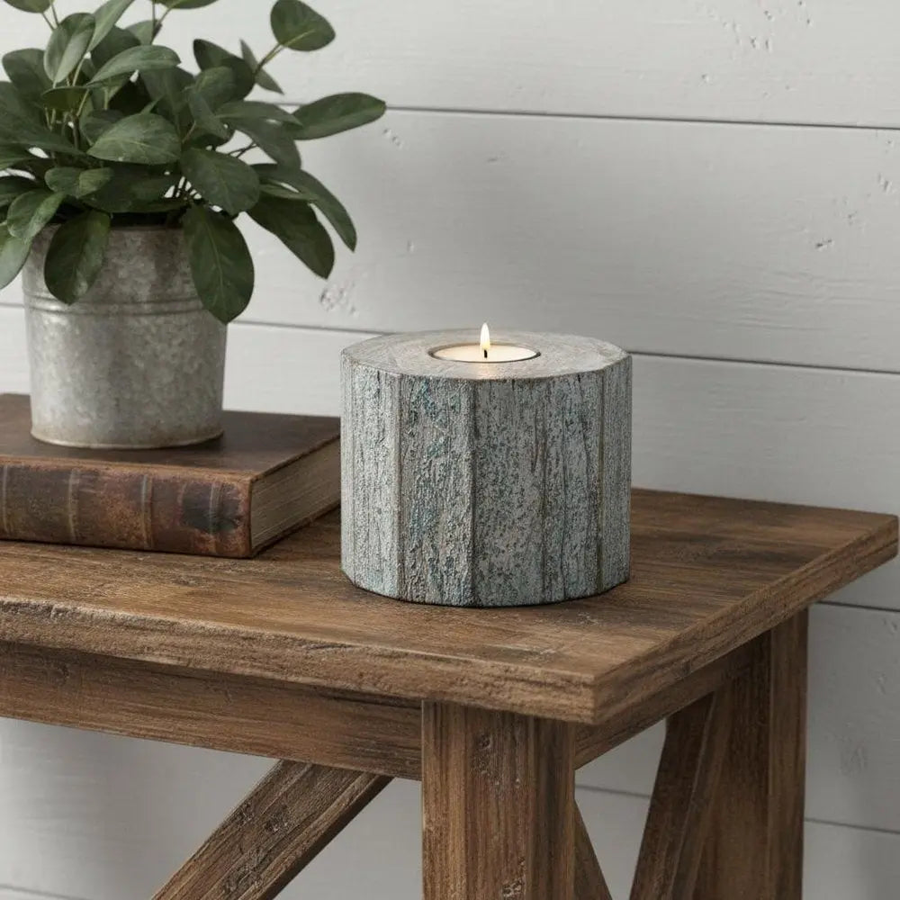 5" Brown And White Solid Wood Tabletop Tealight Candle Holder - NOBLE HOME INTERIORS