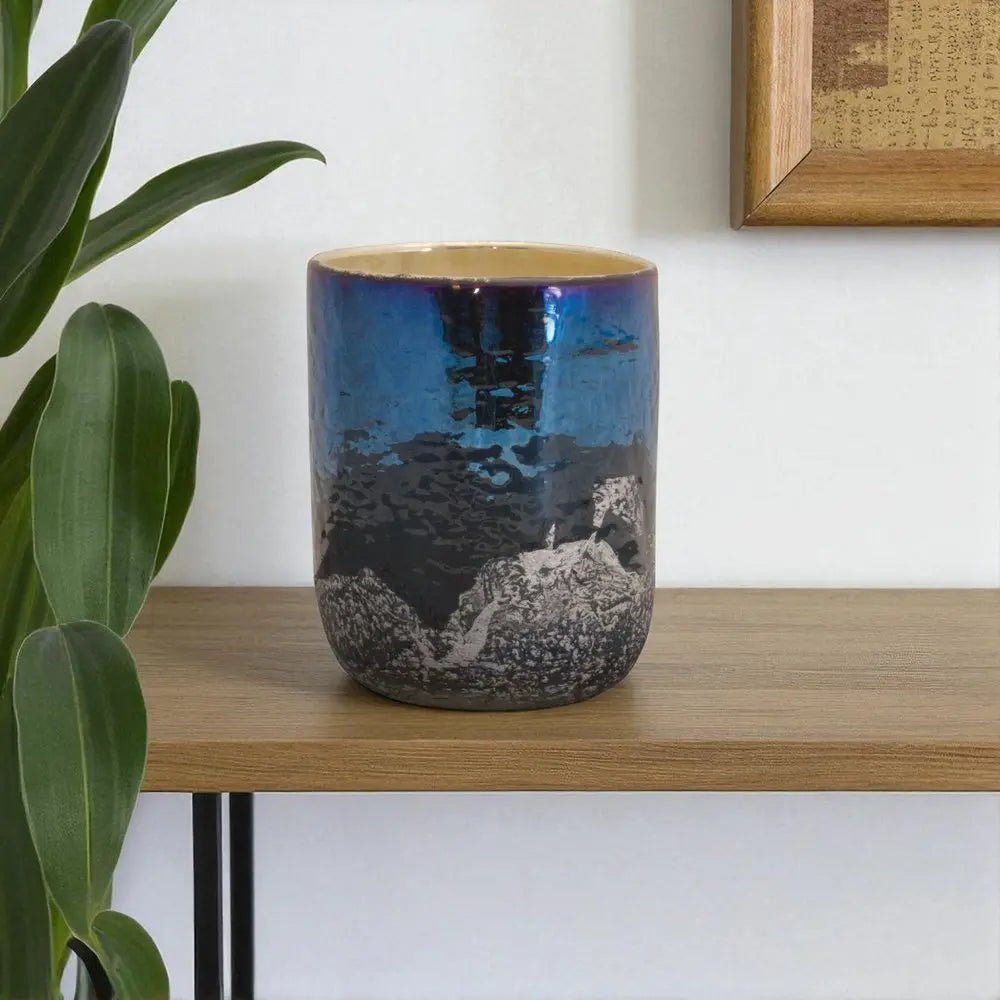 5" Navy Blue And Silver Abstract Glass Tabletop Pillar Candle Holder HomeRoots