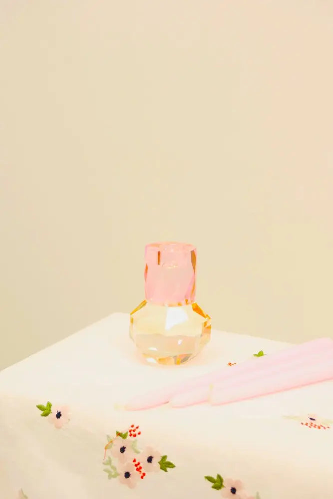 5" Pink And Clear Faceted Crystal Tabletop Taper Candlestick - NOBLE HOME INTERIORS