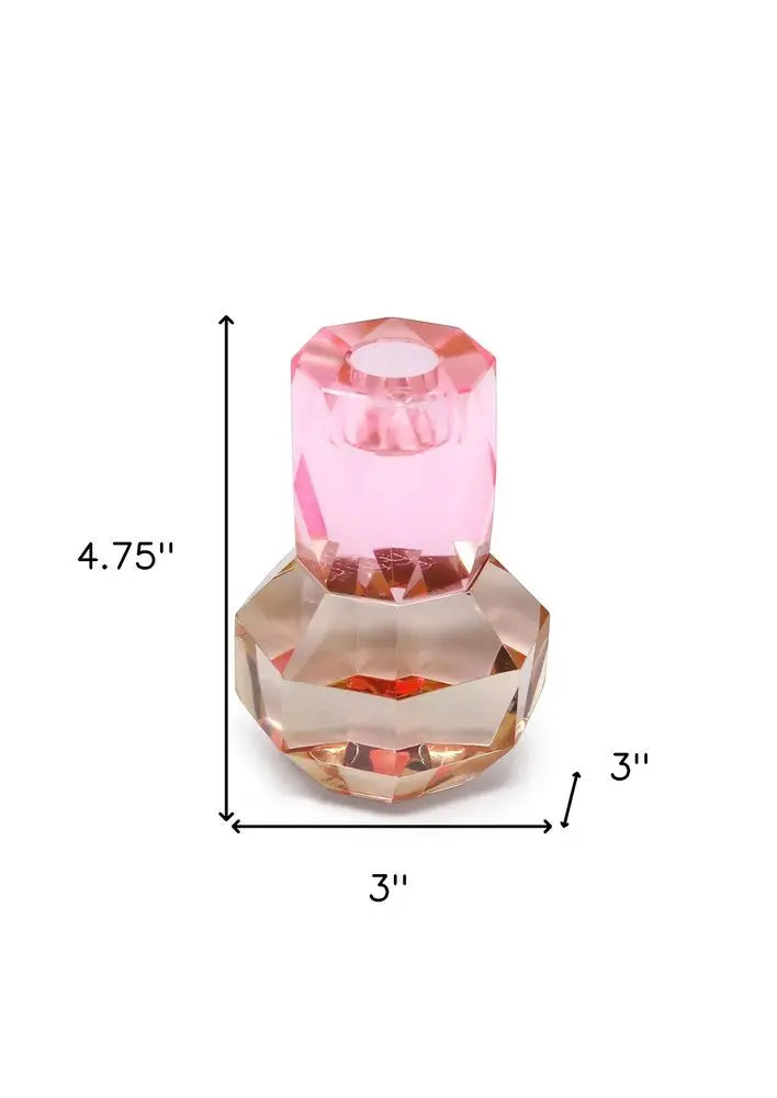 5" Pink And Clear Faceted Crystal Tabletop Taper Candlestick - NOBLE HOME INTERIORS