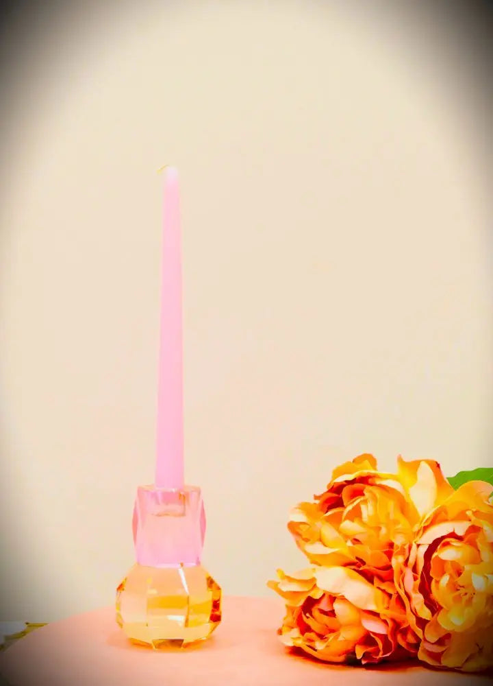 5" Pink And Clear Faceted Crystal Tabletop Taper Candlestick - NOBLE HOME INTERIORS