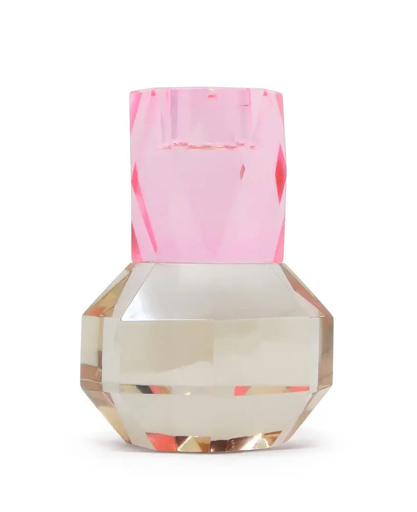 5" Pink And Clear Faceted Crystal Tabletop Taper Candlestick - NOBLE HOME INTERIORS
