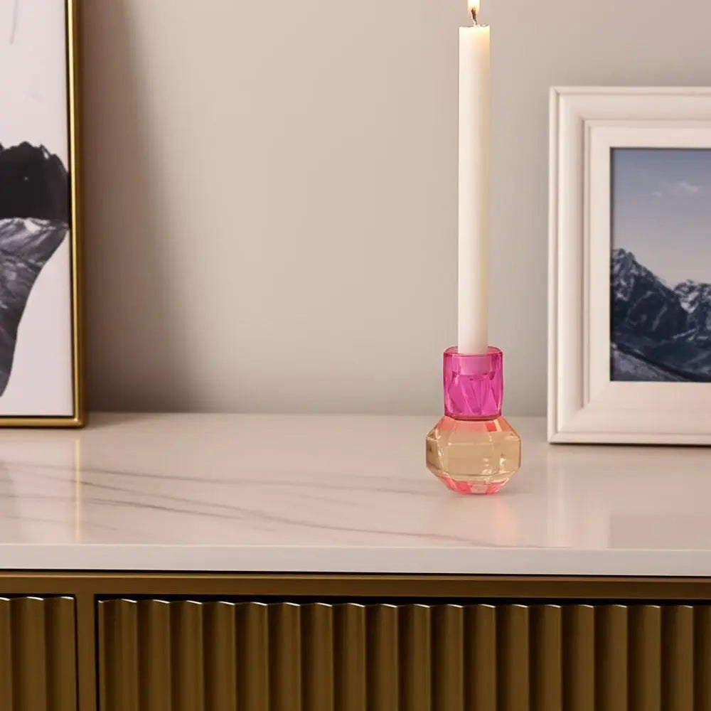 5" Pink And Clear Faceted Crystal Tabletop Taper Candlestick - NOBLE HOME INTERIORS