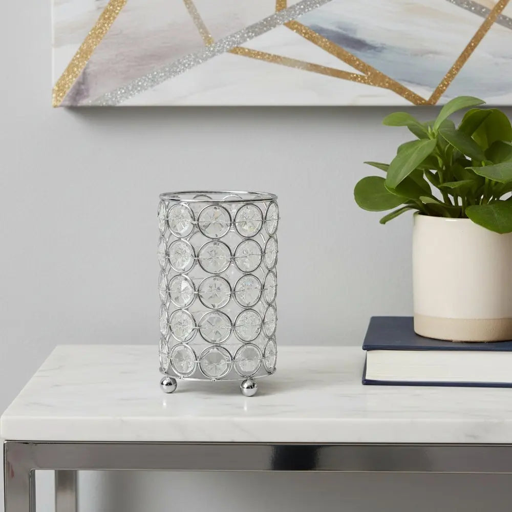 5" Silver And Clear Faux Crystal And Metal Cylinder Table Vase - NOBLE HOME INTERIORS