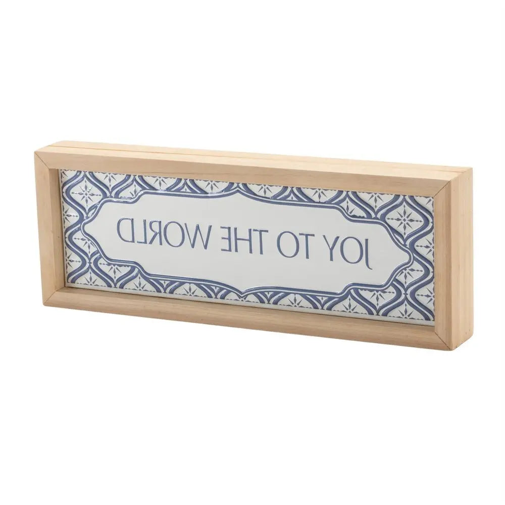 5" X 12" Blue And White Christmas Joy To The World Wood Framed Art - NOBLE HOME INTERIORS