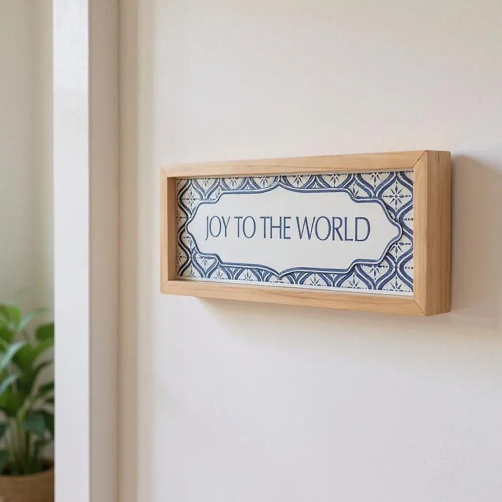 5" X 12" Blue And White Christmas Joy To The World Wood Framed Art - NOBLE HOME INTERIORS