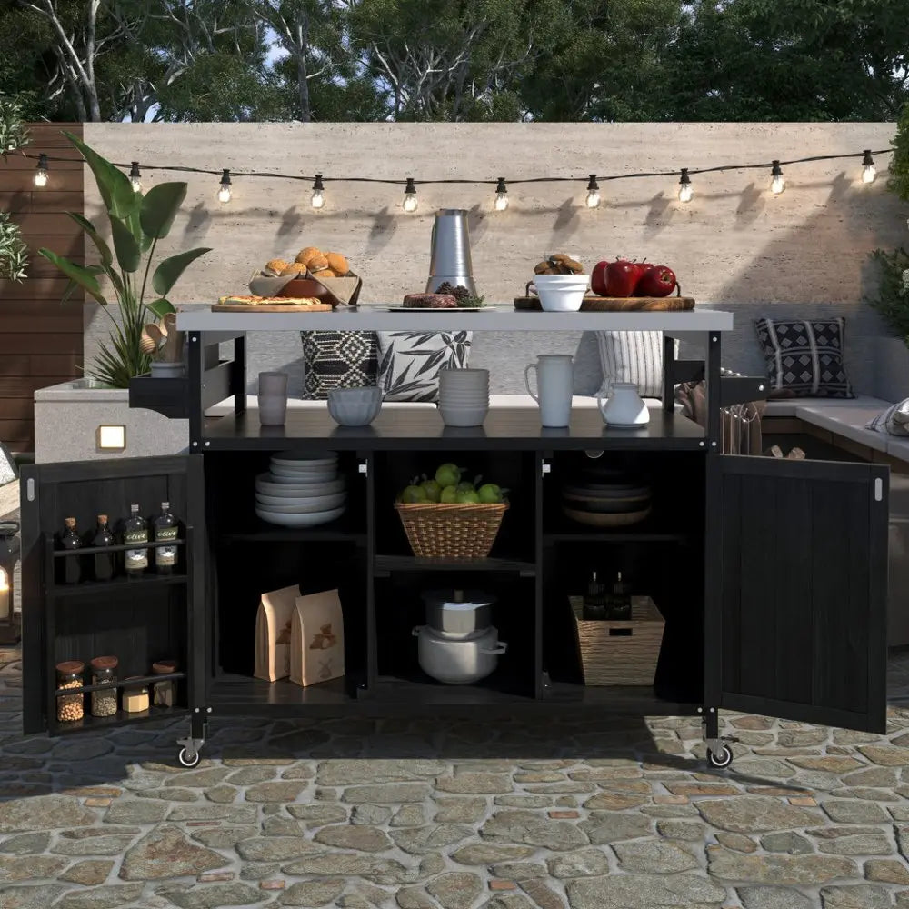 50" Black Wood Barn Door Rolling Kitchen Island With Storage - NOVA HOME FURNITURE