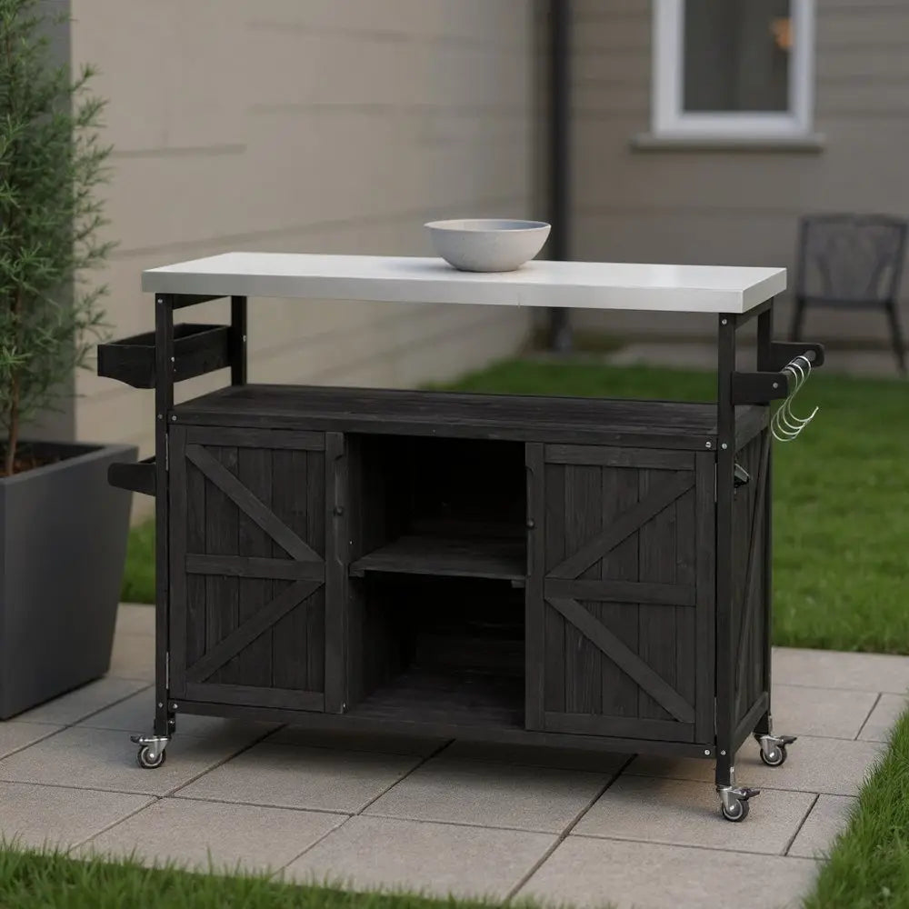 50" Black Wood Barn Door Rolling Kitchen Island With Storage - NOVA HOME FURNITURE