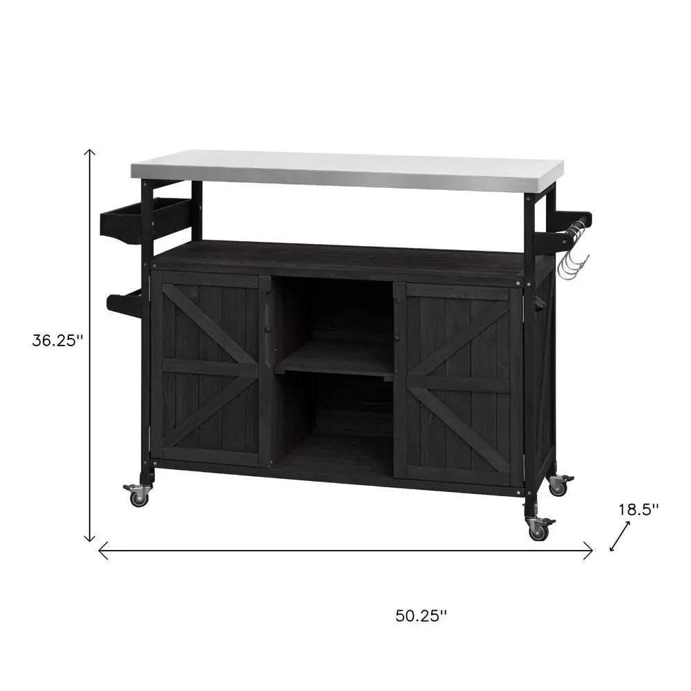 50" Black Wood Barn Door Rolling Kitchen Island With Storage - NOVA HOME FURNITURE