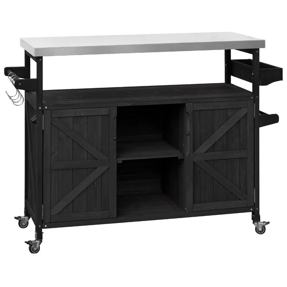 50" Black Wood Barn Door Rolling Kitchen Island With Storage - NOVA HOME FURNITURE