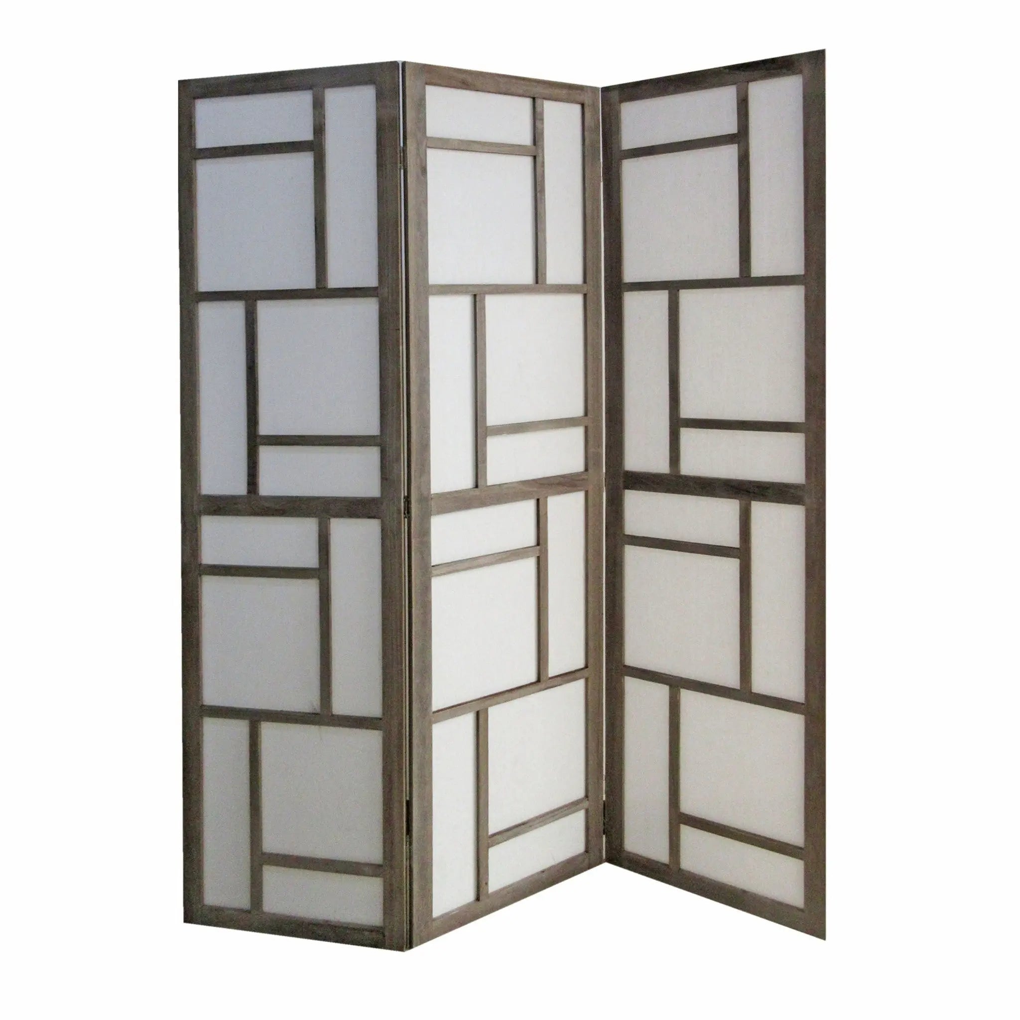 50" Gray and White Wood and Fabric Three Panel Screen Room Divider - NOBLE HOME INTERIORS