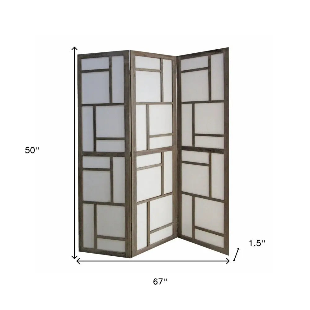 50" Gray and White Wood and Fabric Three Panel Screen Room Divider - NOBLE HOME INTERIORS