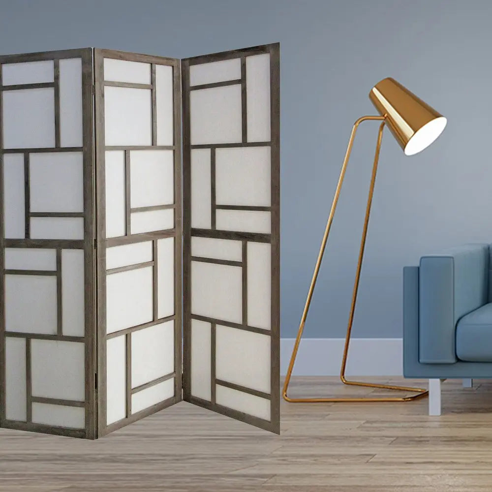 50" Gray and White Wood and Fabric Three Panel Screen Room Divider - NOBLE HOME INTERIORS