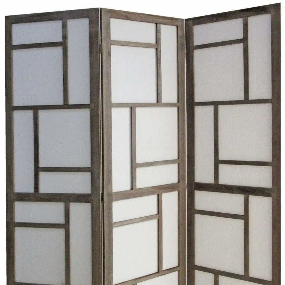 50" Gray and White Wood and Fabric Three Panel Screen Room Divider - NOBLE HOME INTERIORS