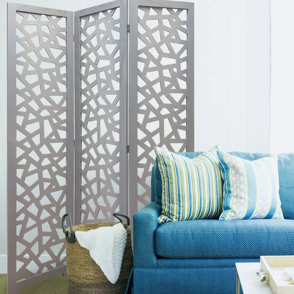 50" Gray Solid Wood Folding Three Panel Screen Room Divider - NOBLE HOME INTERIORS