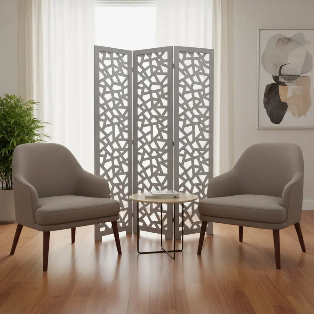 50" Gray Solid Wood Folding Three Panel Screen Room Divider - NOBLE HOME INTERIORS